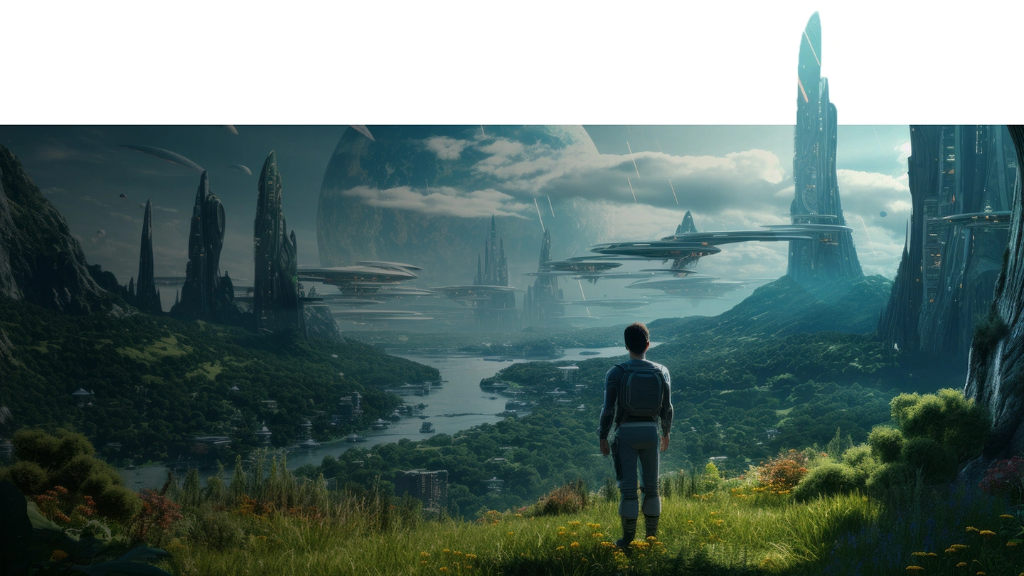 Banner showing open-world adventures with cities, landscapes, and sci-fi environments